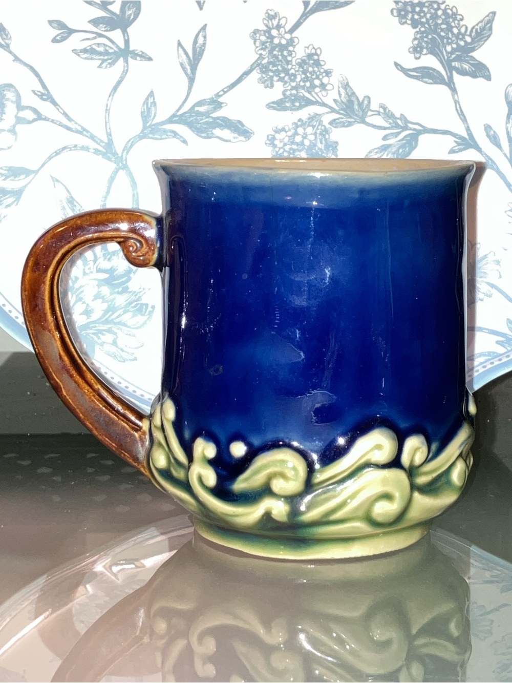 Handmade Signed Art Pottery Ceramic Mug Blue/Green Glazed Ocean Wave China